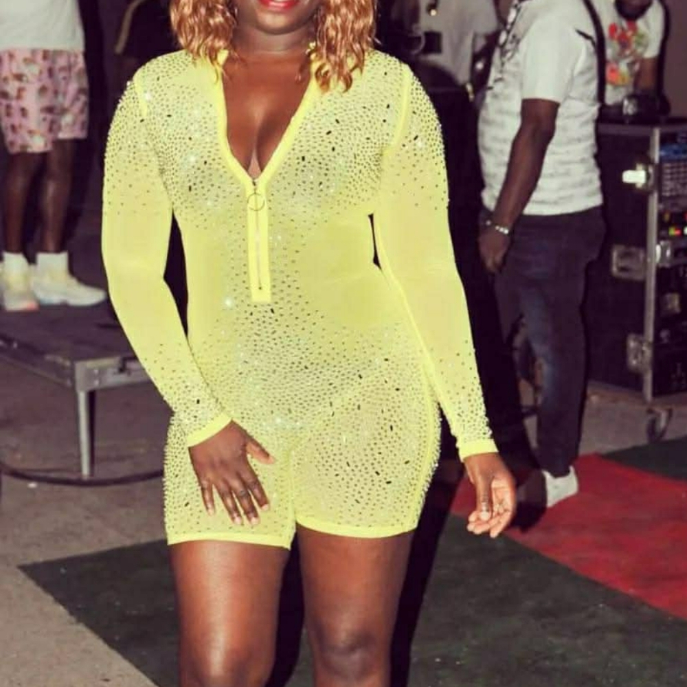 Yellow Mesh Rhinestone Jumpsuit